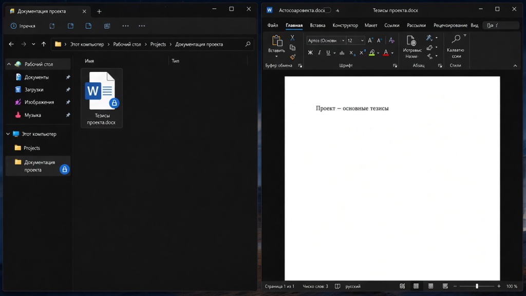 A Word document in the protected folder: a lock has appeared on the file icon