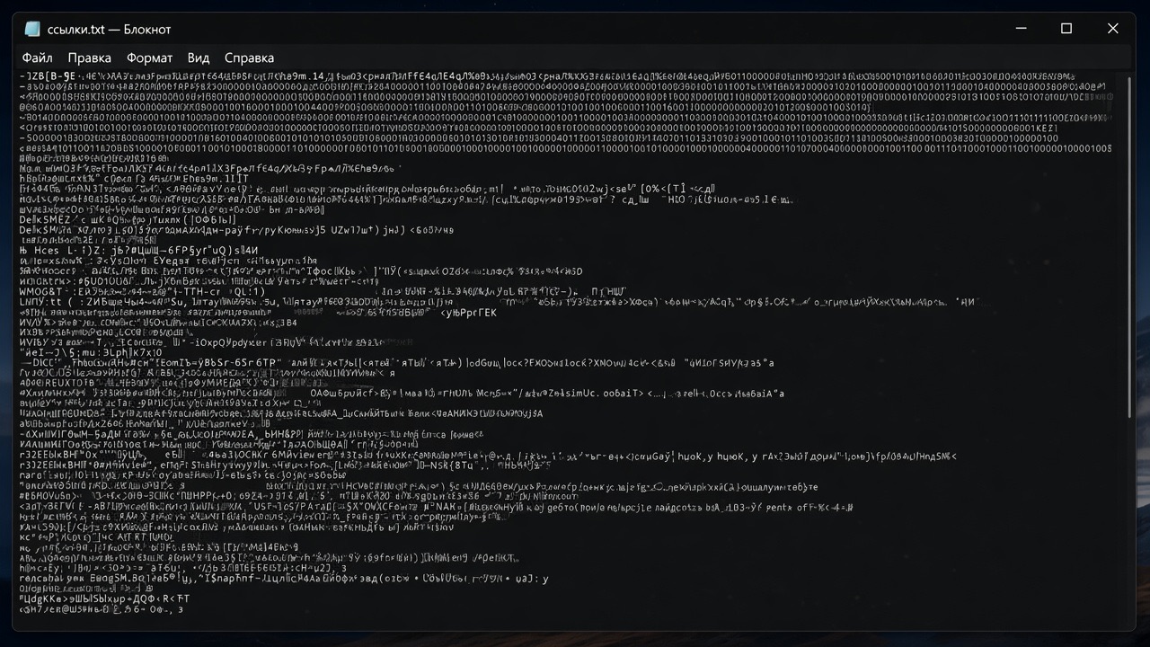 An attacker has opened the same file in Notepad and sees random characters